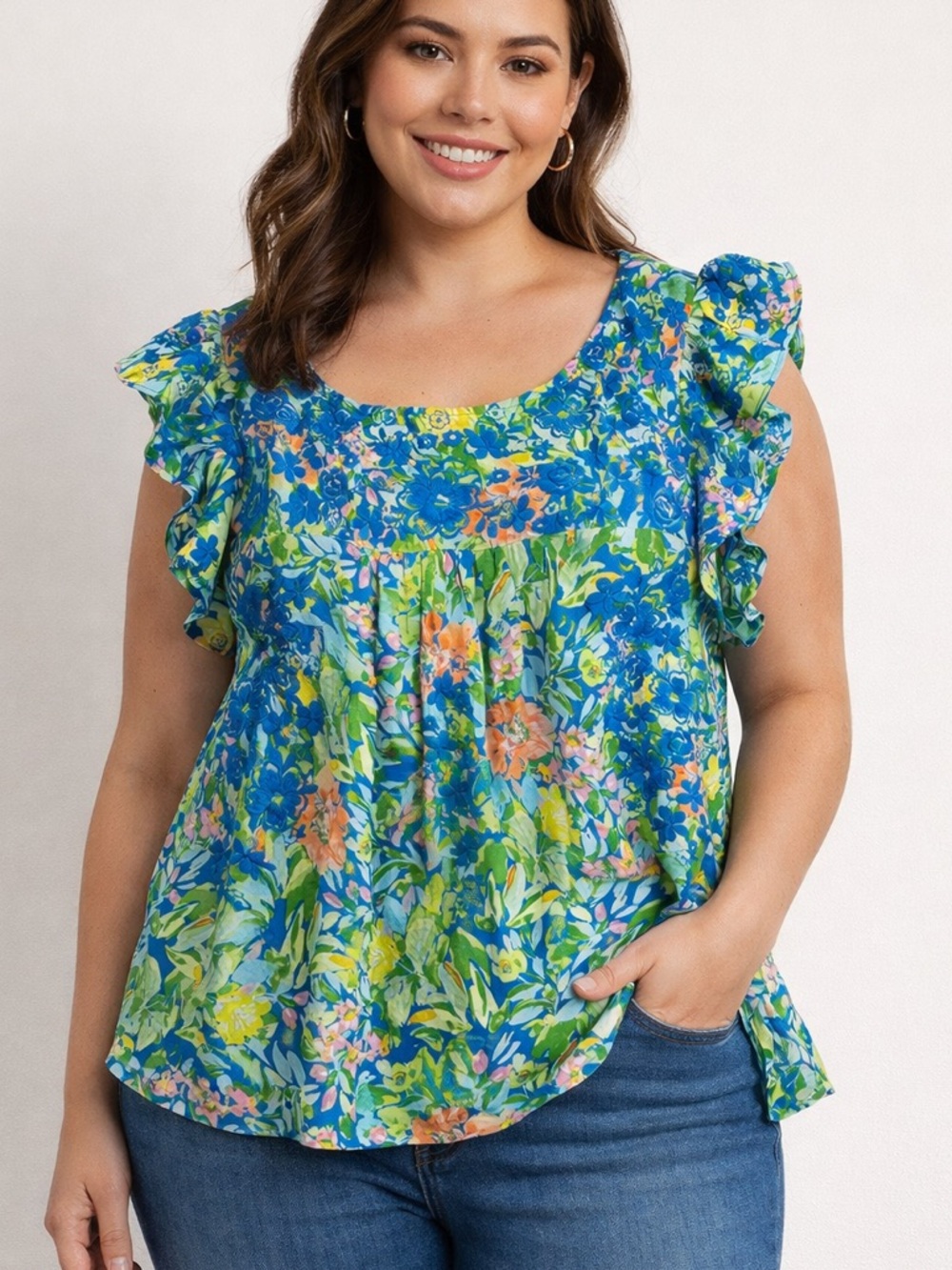 Savanna Jane Vibrant Floral Flutter Sleeves Embroidered Peasant Blouse Size 3X